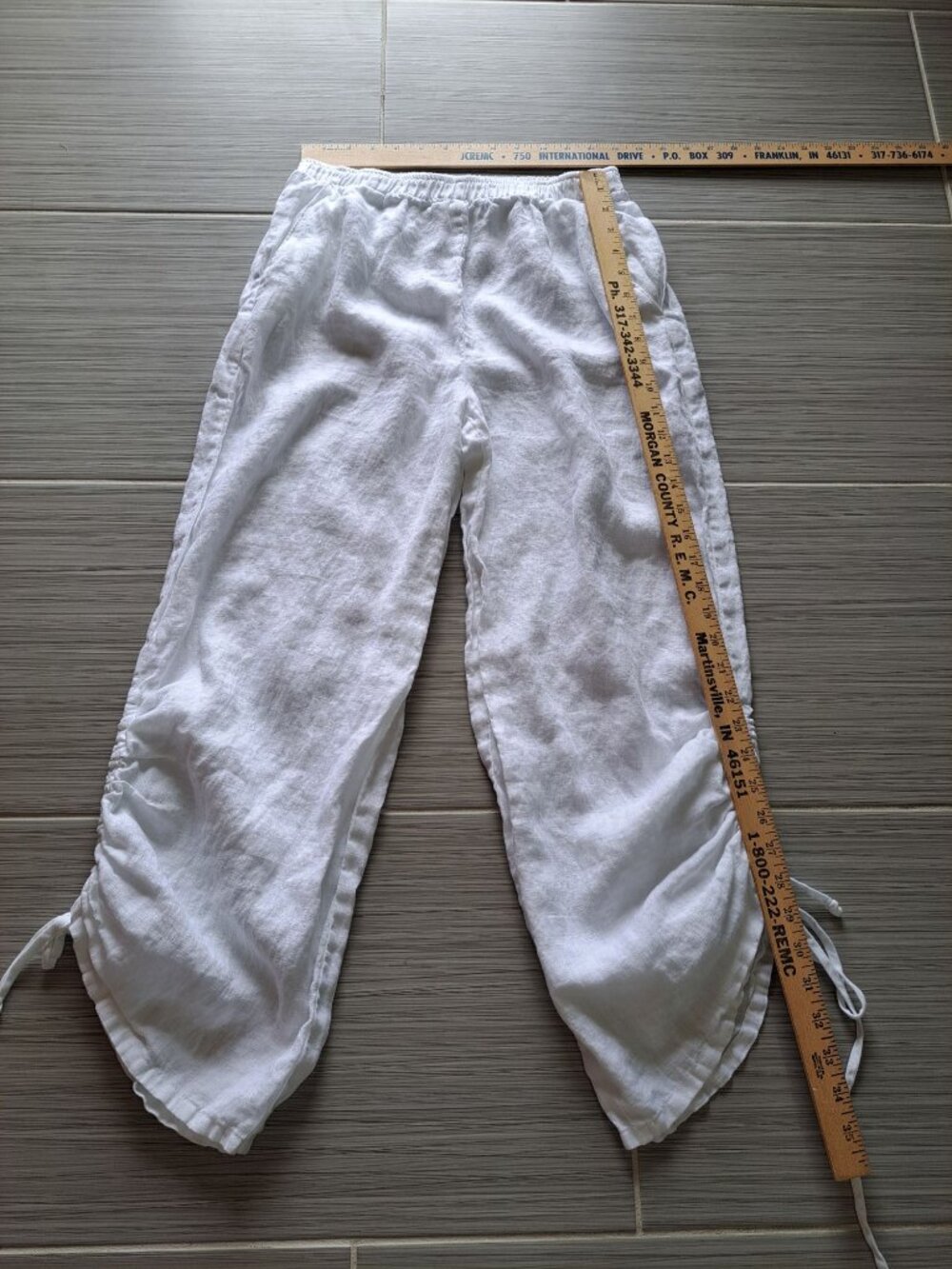 Et' Lois White Linen Drawstring Pants Ruched Hem Elastic Pull On Waistband S - Picture 8 of 11